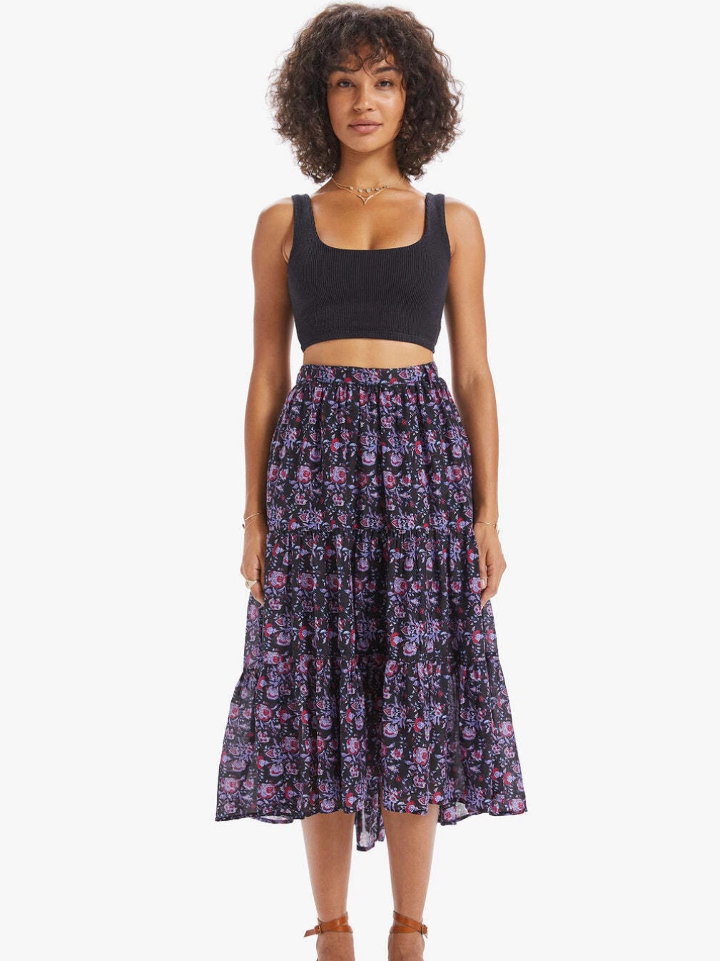 Xirena Size Medium Floral Iris Tiered Midi Skirt Boho Free Spirit Summer